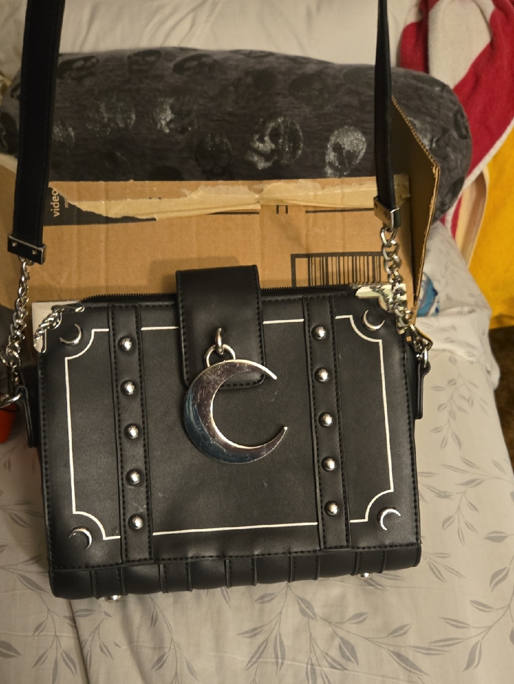 KILLSTAR Black Crossbody Bag with Silver Crescent Charm and Stud Accents
